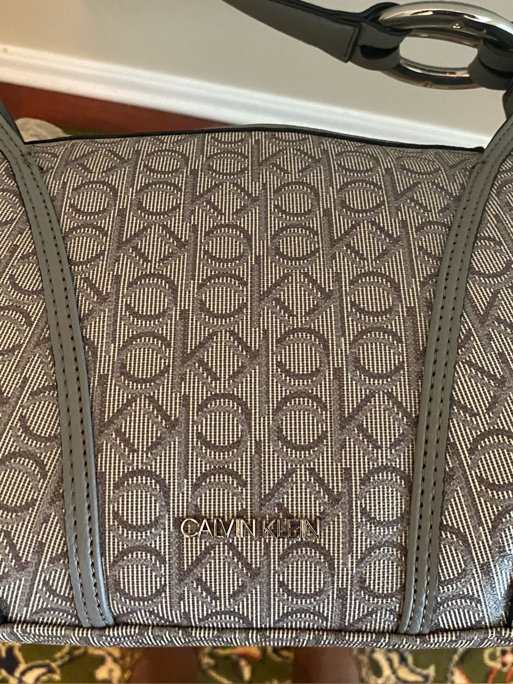 Calvin Klein Gray Logo Jacquard Shoulder Bag with Silver Hardware